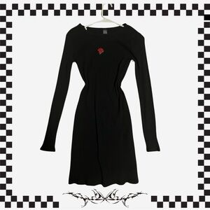 Black Long Sleeve Bodycon Mini Dress with Rose Embroidery Y2K 90s Gothic Grunge